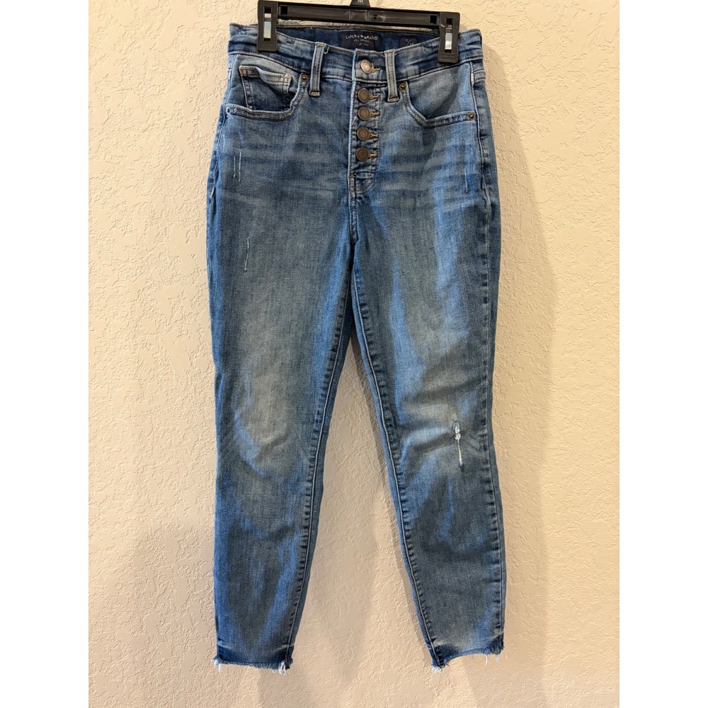 Lucky Brand High Rise Ankle Skinny Jeans Button Fly Raw Hem Medium Wash 0/25